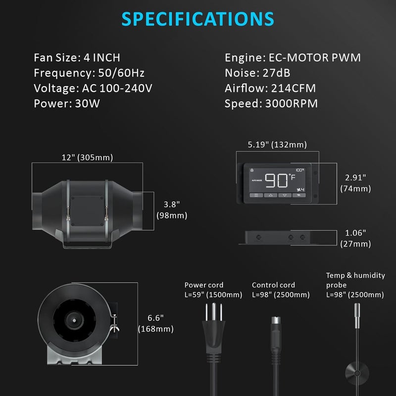 Toolazy Quiet 4" 214 CFM Inline Duct Fan with WiFi Integrated App Controller, Temperature Humidity Control - Ventilation Exhaust Fan for Heating Cooling, Grow Tents, Hydroponics - Image 4